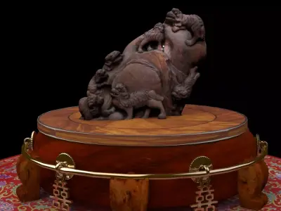 Chinese lion  wood root carving sculpture  3D model