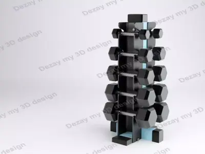 Set of dumbbells for sport on a special black metal stand 3D model