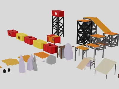 low-poly junkyard platform set Low-poly 3D model