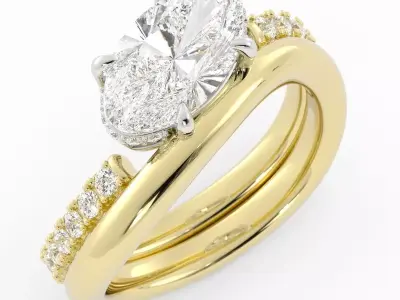 Oval Curved Band Engagement Ring Pave and Wedding Band Ring Set 3D print model
