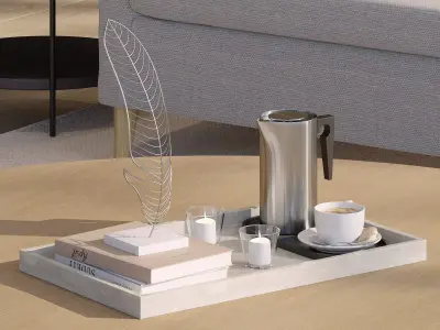 Coffee set 10 - tray pot cup books candle figurine 3D model