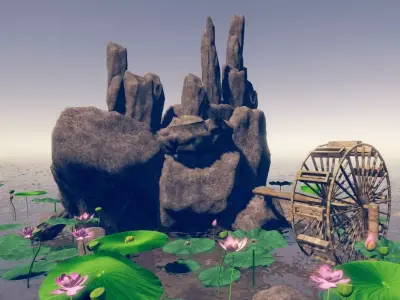 RockeryLotusPond water wheel and lotus lilies in water Low-poly 3D model