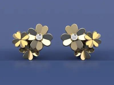 Cluster Four Leaf Clover Stud Earrings 3D Model Print Design 3D print model
