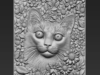Cat Head with Flowers Background A26 3D print model