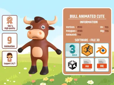 High-Quality 3D Cute Bull Animated for Games Low-poly 3D model