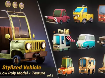 10 Stylized vehicles low poly 3d model and PBR textures Low-poly 3D model