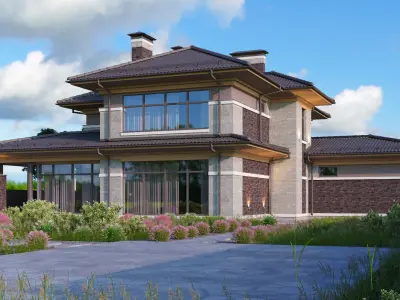 Wright-style apartment building with 2-car garage 3D model