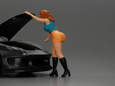 Woman in mini skirt Checking Under the Hood of a Sleek Car 3D print model