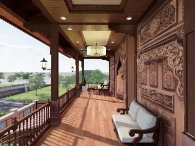 Luxury Wooden Traditional Carving Joglo House Design 2 Floor 3D model