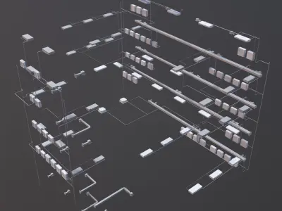 Air conditioning and piping system in building 3D model