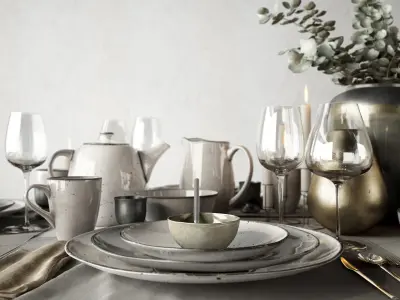 Tableware Set table setting with silverware and plates 3D model
