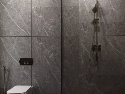Luxury Bathroom-Gray Stone Finish with Warm Accent Lighting 3D model