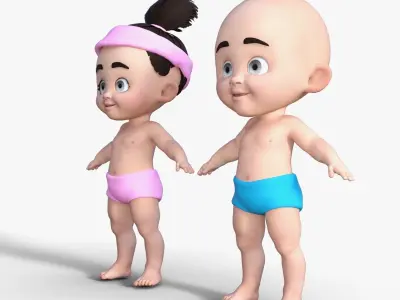 Cute Baby Boy and Girl 3D Cartoon Model Low-poly 3D model