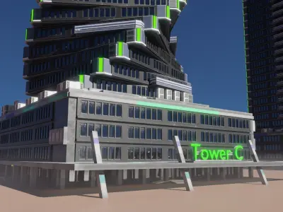 Skyscraper cascade with balconies and interior in 3 variant Low-poly 3D model