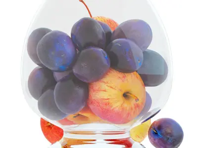 Apples and Plums in a Round Glass Vase 3D model