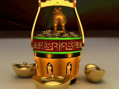 Chinese Gold Ingot bucket with Golden Pig 3D model