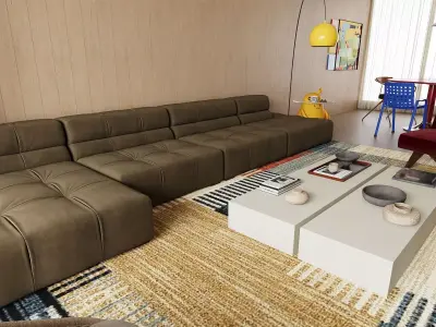 Modern Colorful Living Room with Modular Sofa and Dining Area 3D model