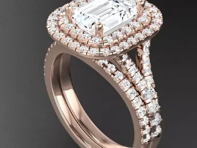 Luxury Gold Engagement Ring Set With Double Halo Diamonds 3D print model