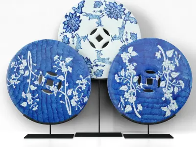 Blue and White Ceramic Disks 3 3D model