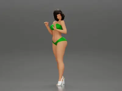 Attractive girl in bikini and heels Leaning Against car 3D print model