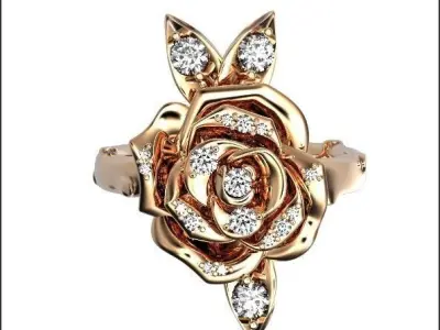 luxury flower rose ring with leaves and stones 3D print model