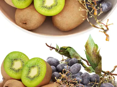 bowl of black grapes and kiwi fruit 3D model