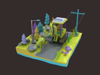 bulldozer car cartoon crane crawler forklift heavy industrial  3D model