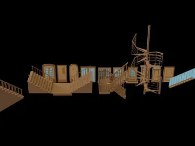 Low poly stairs and doors Low-poly 3D model