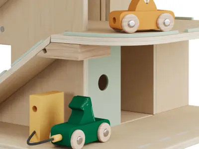 Wooden car park with accessories 3D model