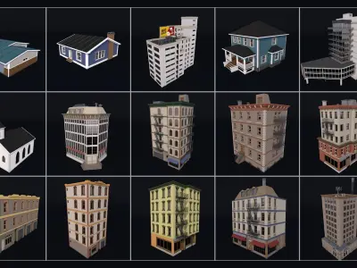 70 Poly Buildings Pack Collection Low-poly 3D model