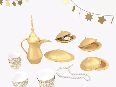 Eid Set gold arabic coffee pot and cups 3D model