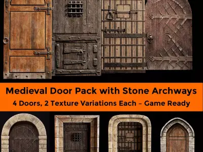 Medieval Door Pack 4 Doors With Bonus Archways Game Ready Low-poly 3D model