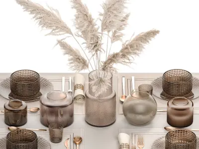 table setting for 4 persons with a bouquet of pampas grass  3D model