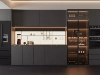 Modern Dark-Toned Kitchen with Built-In Wine Storage 3D model