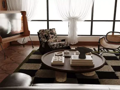 Mid-Century Retro Living Room with Vintage Leather Sofa 3D model