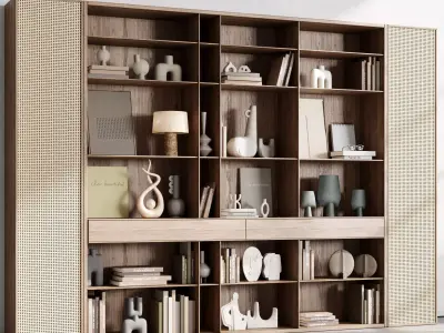 Cabinet rattan Furniture -Wooden Shelves Decorative With Book 07 3D model