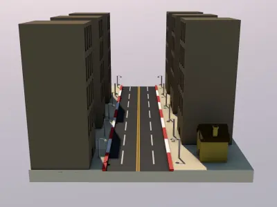 lowpoly city with tall buildings and street Low-poly 3D model