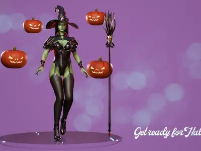 Evil Halloween Witch - Cute  Wizard Sorcerer Mage Cartoon Girl Low-poly 3D model