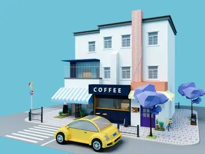 low poly coffee shop Low-poly 3D model