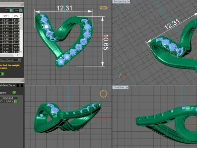 curved heart  gold pendant with diamonds 3D print model