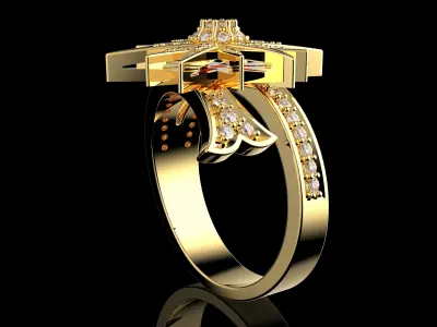 Stern Ring 3D Model Gold and Diamond Starburst Design 3D print model