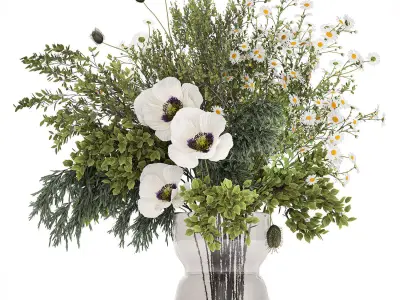 Bouquet Of Branches Green Leaves Poppy Flowers 462 3D model