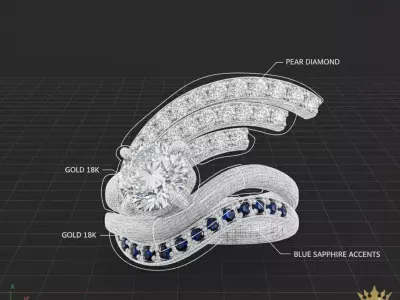 Celestial Comet Ring Diamond and  Sapphire Luxury Curve Design 3D print model