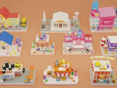 Cartoon Public Buildings Islands Exteriors Low-poly 3D model