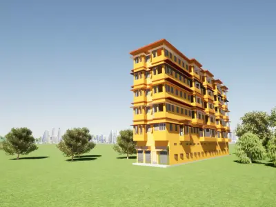 Realistic Building 3D model apartment in middle of field 3D model