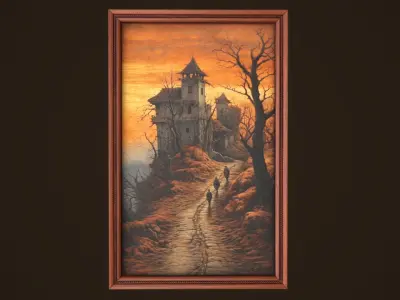 Four paintings with a frame Low-poly 3D model