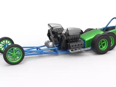 Front engine old school 6 wheeled dragster Scale 1 to 25 3D print model