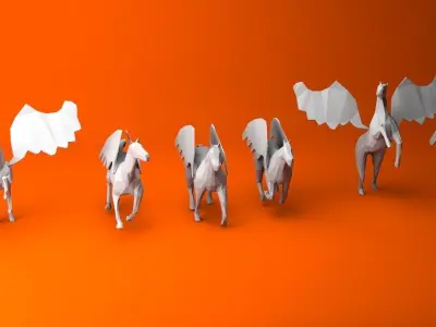 6 Lowpoly Pegasus group of paper horses with wings Low-poly 3D model