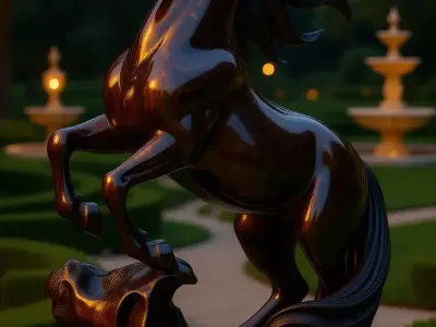 Glossy Black Horse Sculpture 3D Dynamic Animal Art Low-poly 3D model