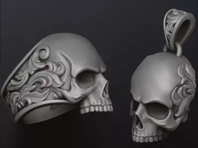 Ornamental Skull Pendant Ring Collection 3D print model